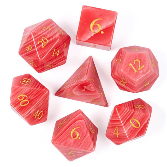 Gemstone Poly Agate Red, White /Gold (7) Terningsett