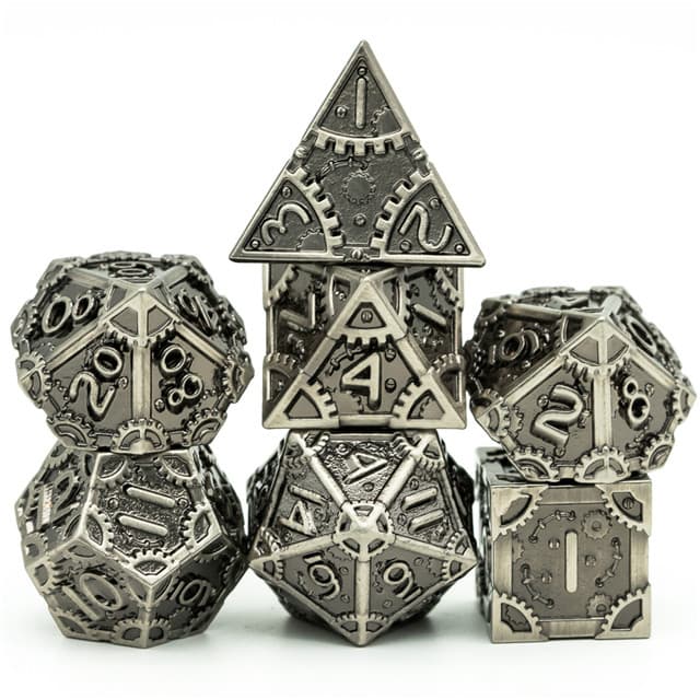 Metal Poly Brushed Steam Punk Silver, Black /Silver (7) Terningsett