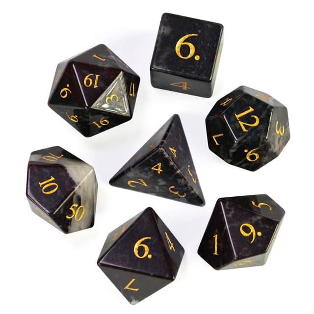 Gemstone Poly Chicken Blood Stone Black, Red /Gold (7) Terningsett