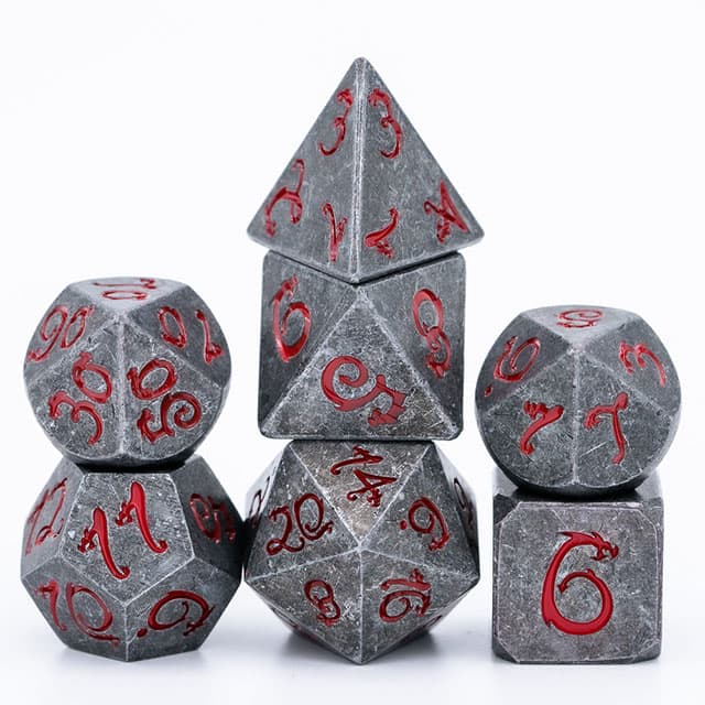 Metal Poly Old Dragon Font Grey /Red (7) Terningsett