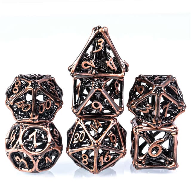 Hollow Metal Poly Skull & Shield Copper (7) Terningsett