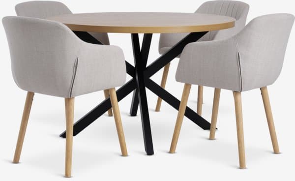 NORTOFT Ø120 bord varm eik + 4 ADSLEV stol beige