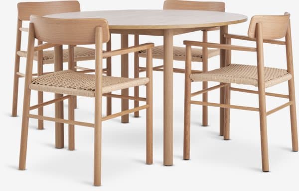 ALSTED Ø120 bord natur eik + 4 VENSLEV stol m/armlene eik