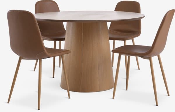 KLIPLEV Ø120 bord natur eik + 4 JONSTRUP stol konjakk/eik