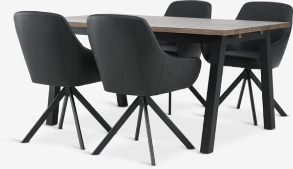 SKOVLUNDE L160 bord mørk eik + 4 ROSTRUP stol svart