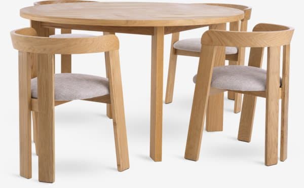 HARESKOV Ø129 bord natur eik + 4 BOVRUP stol natur eik