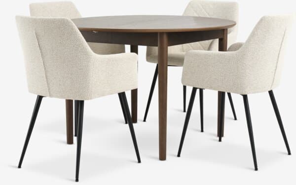 MARSTRAND Ø110/L200 bord mørk eik + 4 PURHUS stol offwhite