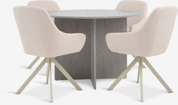 KRONDAL Ø110 bord travertin + 4 ROSTRUP stol beige