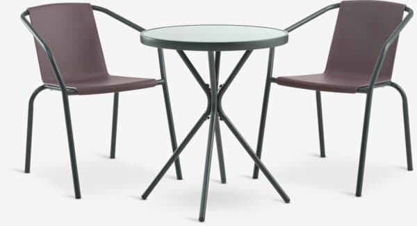 RADSTRUP Ø60 bord svart + 2 MODUM stol aubergine