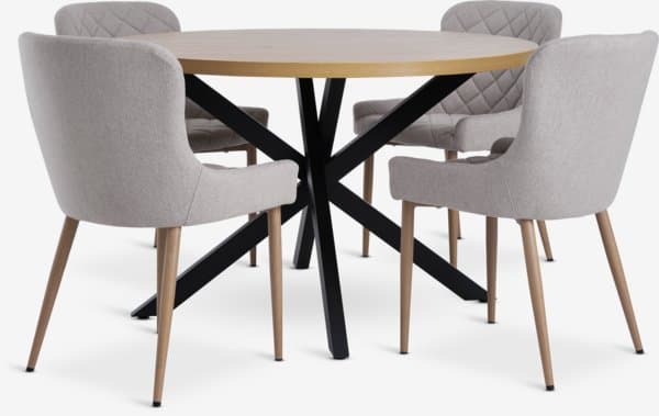 NORTOFT Ø120 bord varm eik + 4 BELLINGE stol sand/ natur eik