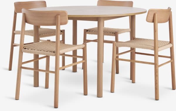 ALSTED Ø120 bord natur eik + 4 ISLEV stol u/armlene eik
