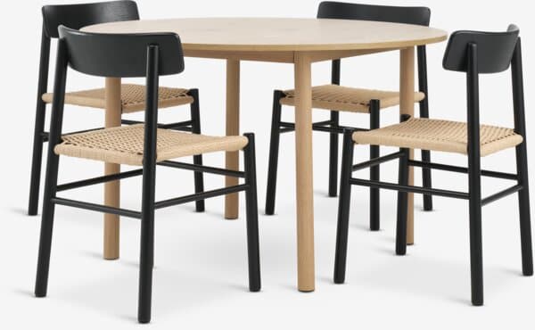 ALSTED Ø120 bord natur eik + 4 ISLEV stol svart/natur