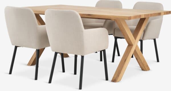 GRIBSKOV L180 bord natur eik + 4 SOTTRUP stol beige/svart