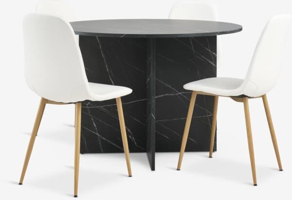 KRONDAL Ø110 bord marmor + 4 JONSTRUP stol hvit