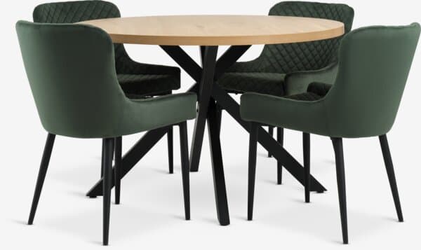 NORTOFT Ø120 bord varm eik + 4 PEBRINGE stol fløyel grønn