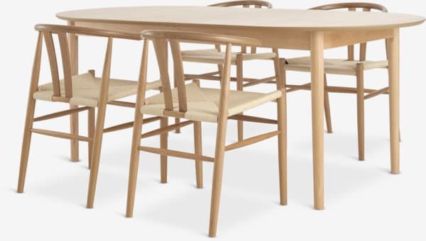 MARSTRAND L200/280 bord natur eik + 4 GUDERUP stol eik/natur