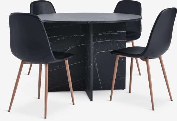 KRONDAL Ø110 bord marmor-look + 4 JONSTRUP stol svart