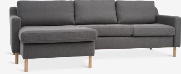 Sofa m/sjeselong HELLERUP grå stoff/natur eik