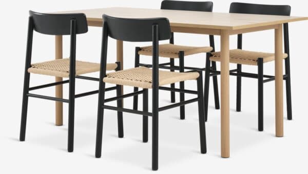 ALSTED L160 bord natur eik + 4 ISLEV stoler svart/natur