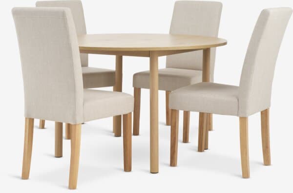 ALSTED Ø120 bord natur eik + 4 TUREBY stol beige