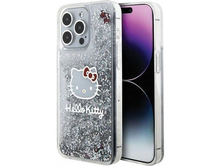 Apple iPhone 15 Pro Max Hello Kitty dėklas Liquid Glitter Charms Kitty Head (HKHCP15XLIKHET) sidabrinės spalvos