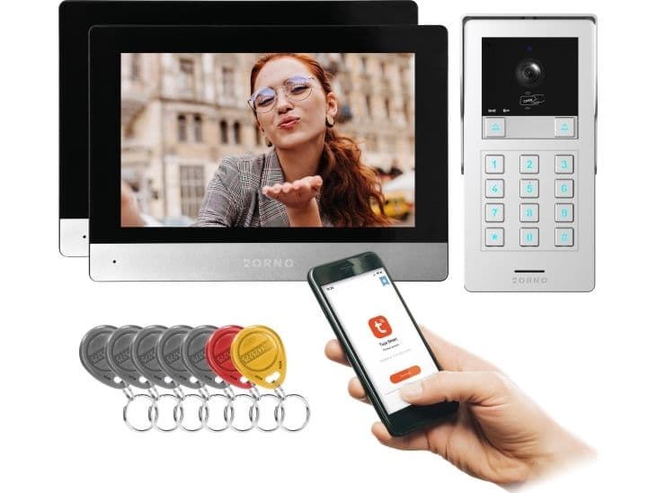 Orno GAYD MULTI2, dviejų šeimų vaizdo domofono rinkinys, 2 laidų, 8 colių Wi-Fi, jutiklinis ekranas, 2 MP Full HD, RFID, šifruoklis