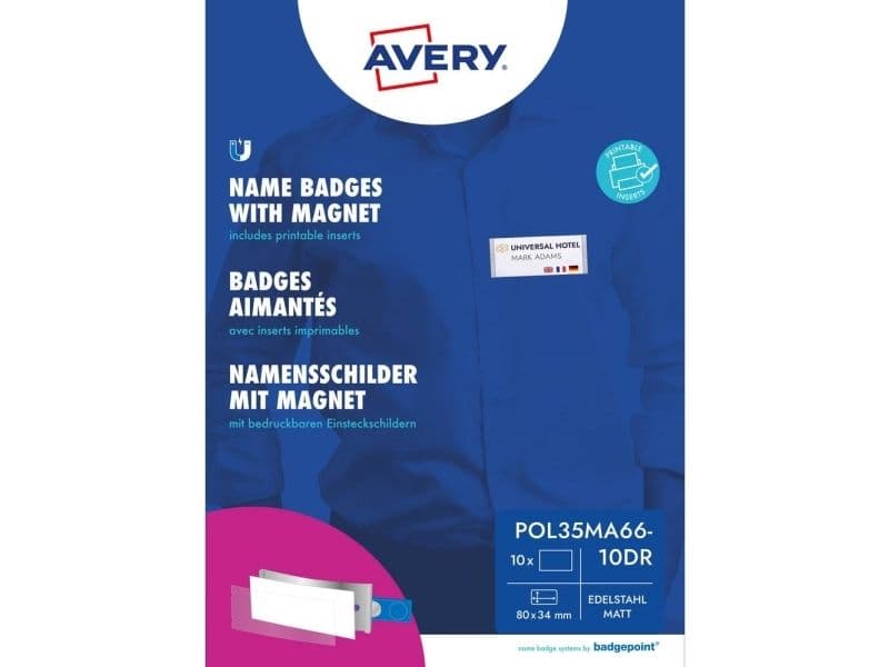 Navneskilt Badgepoint® 80x34 mm, Polar® Classic 35 Medarbejderskiltesæt, skilte med rustfri stålramme, akrylglas og printbare indstik - 10 skilte inkl. 32 indstik