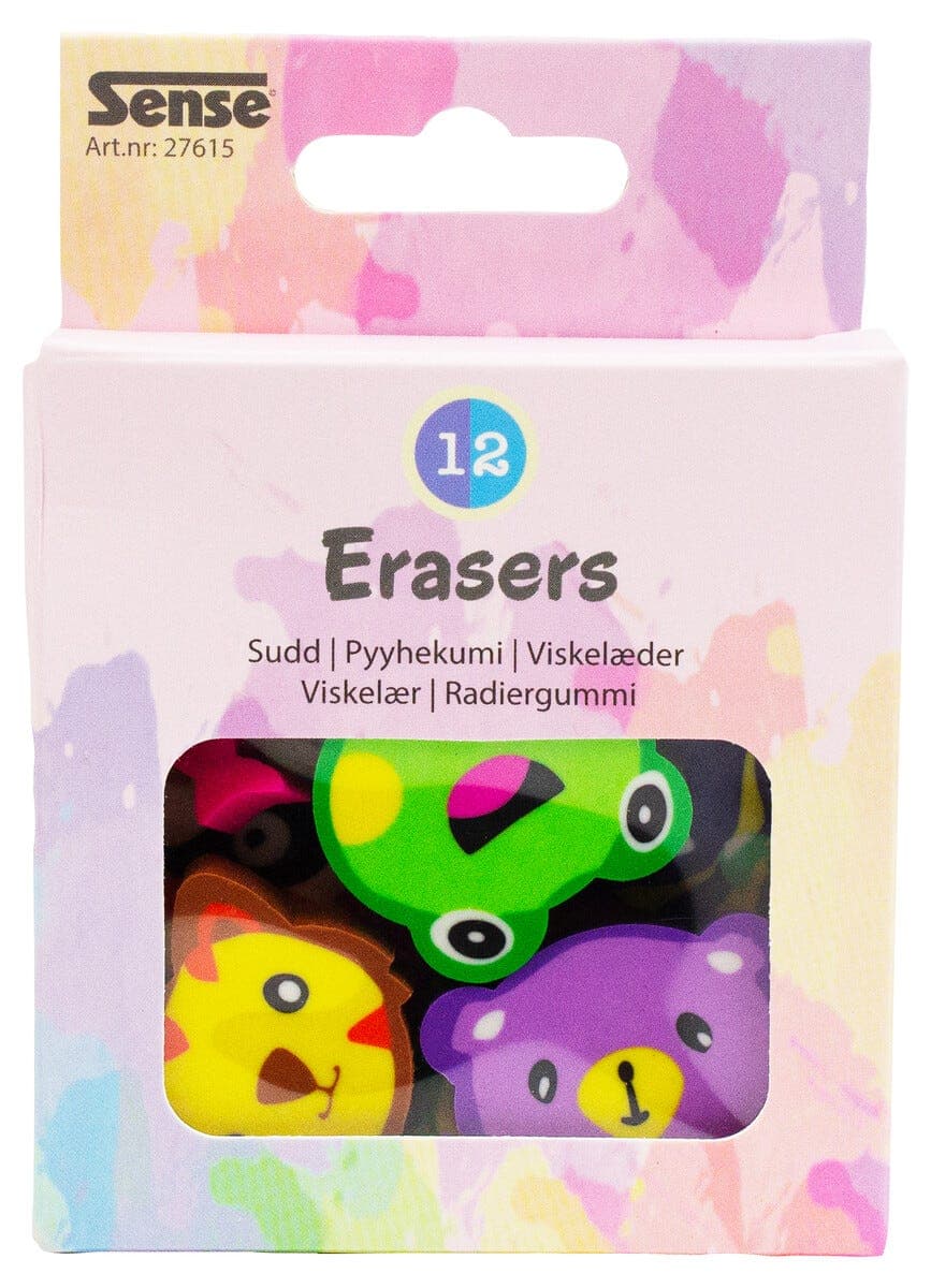 Viskelær for barn, blandede dyrefigurer, 12-pakning