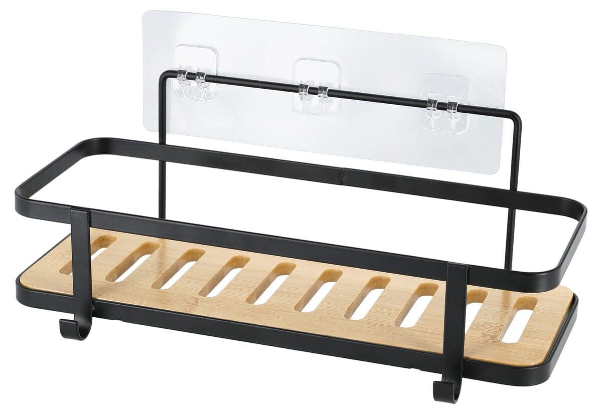 Selvklebende baderomshylle vegg, bambus, svart metall