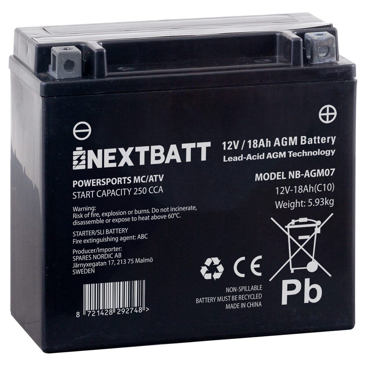 Motorsykkelbatteri AGM 12 V, 18 Ah