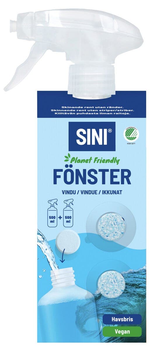 Sini vindusvask sprayflaske og 2 tabs, startsett