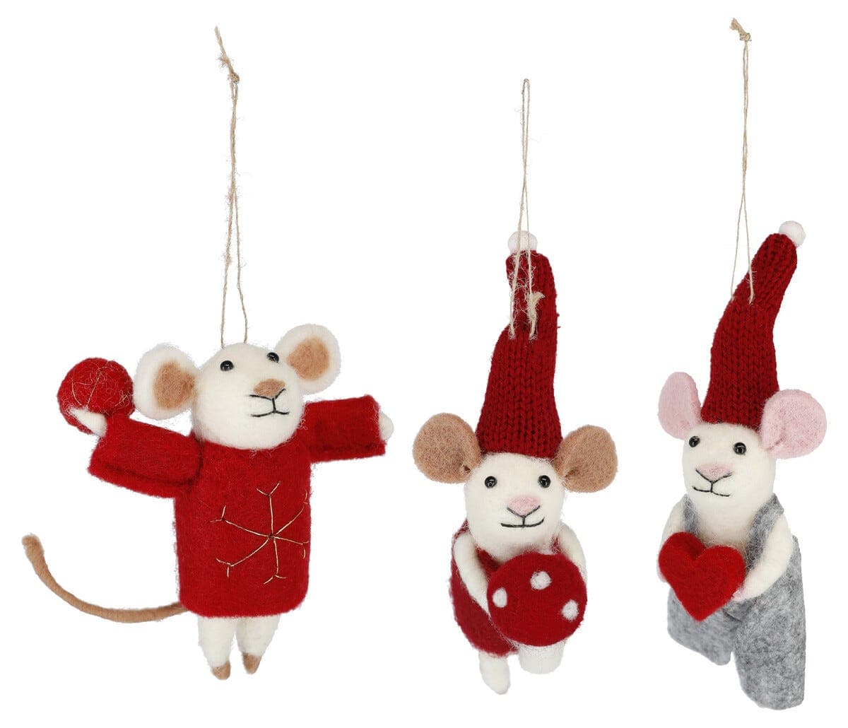 Håndlagde mus i tovet ull med snor, 3-pakning
