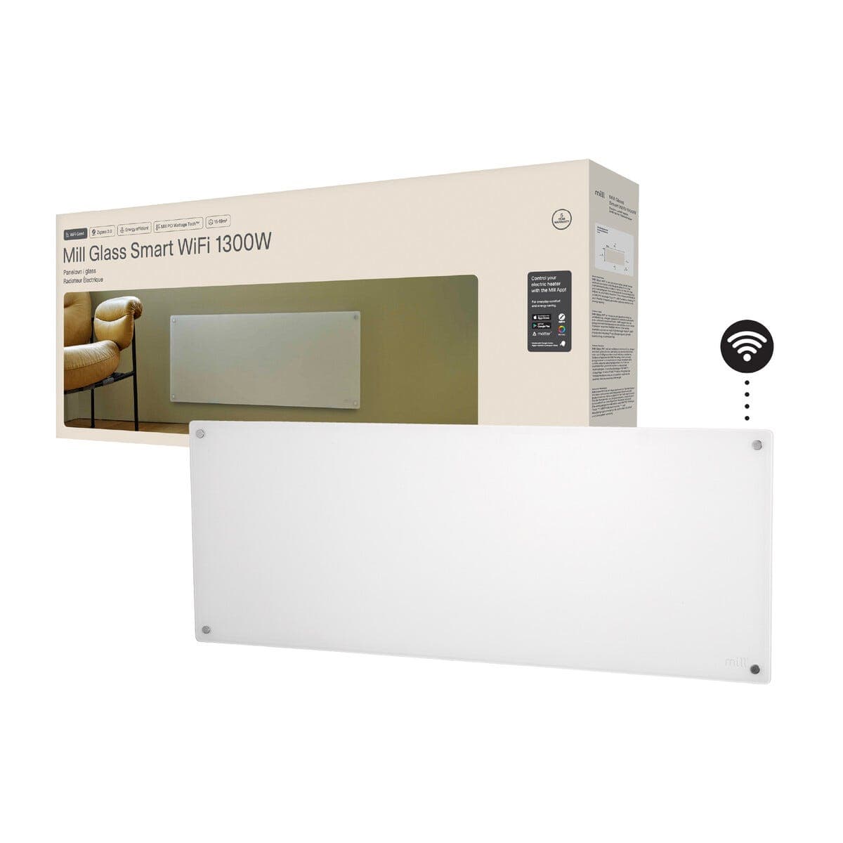 Mill Glass Smart wifi-varmeovn Gen. 4, hvit, 1300 W