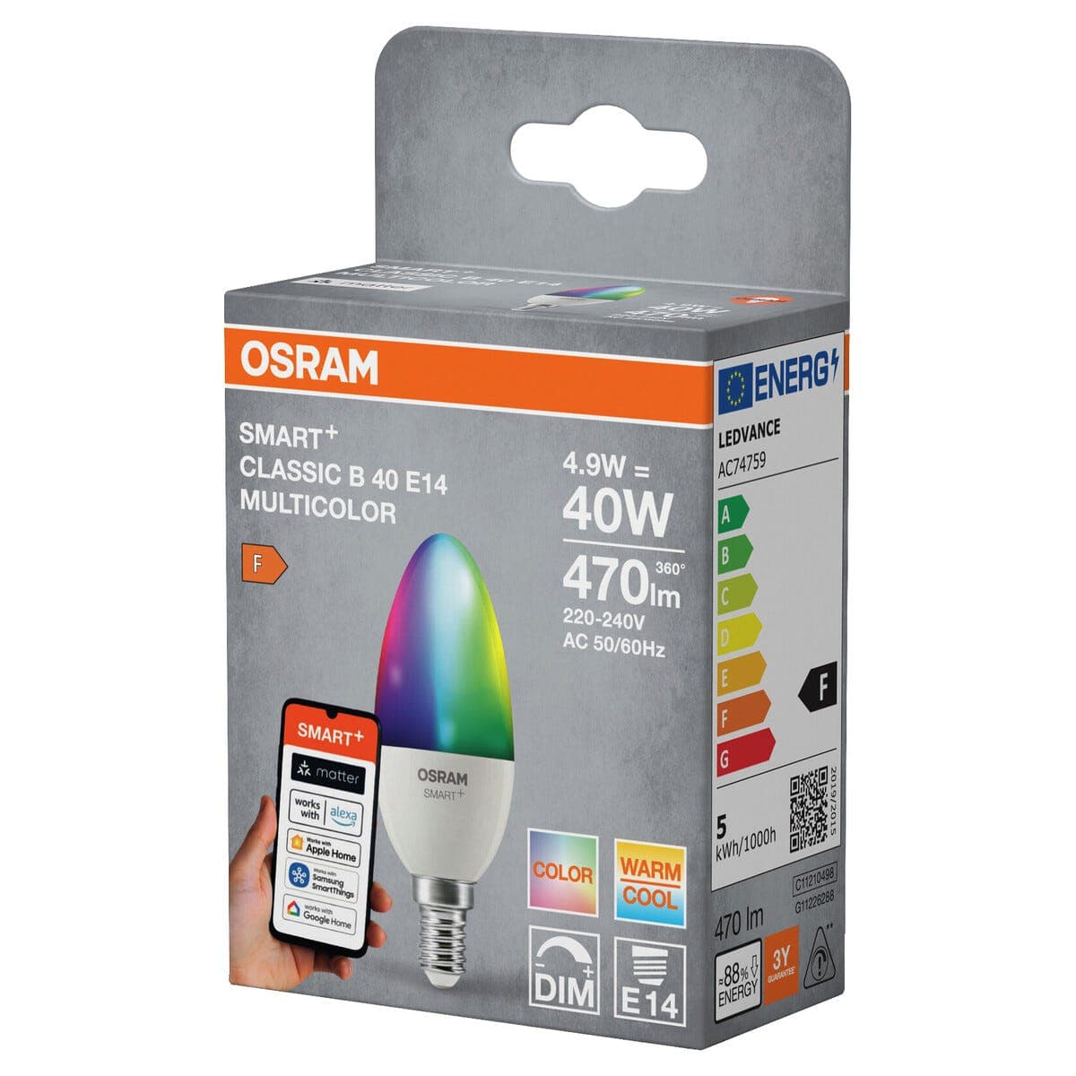 Osram Smart+ Matter mignonpære LED E14 RGBW 4,9 W