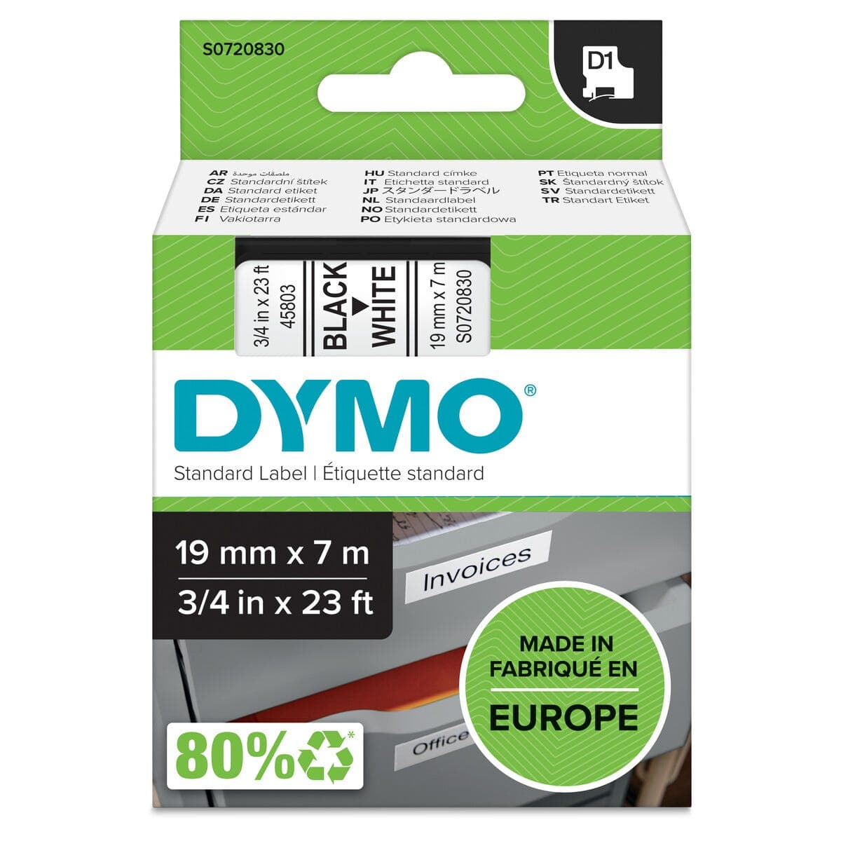 Dymo D1 merkebånd svart på hvitt 19 mm x 7 m