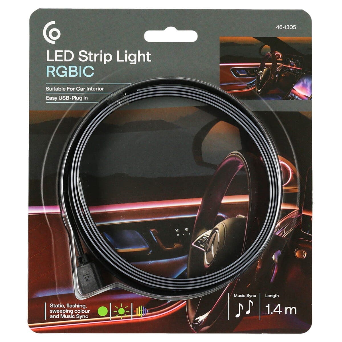 LED-list for bilinteriør RGBIC 1,4 m USB