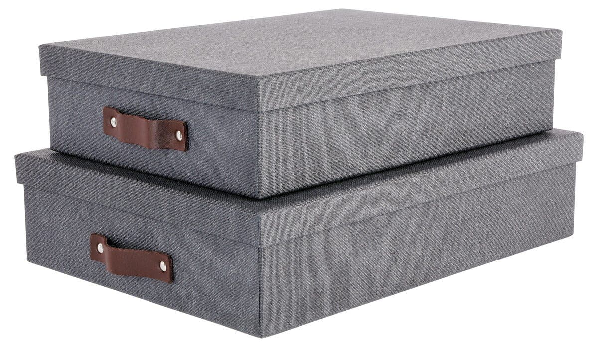 Oppbevaringsboks med lærhåndtak, 2-pakning, mørk grå