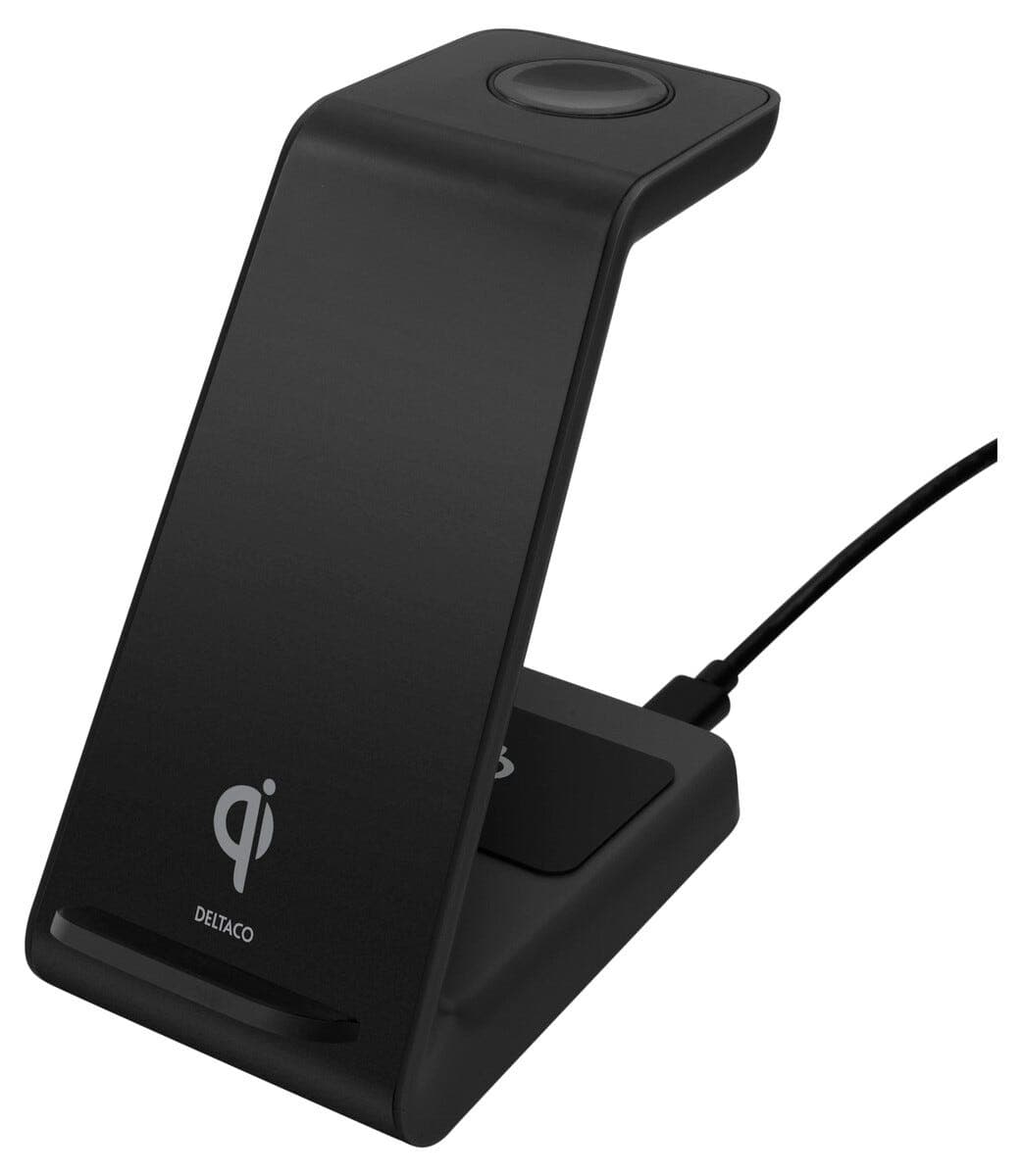 Deltaco 3-i-1 Qi-sertifisert trådløs lader, 15 W