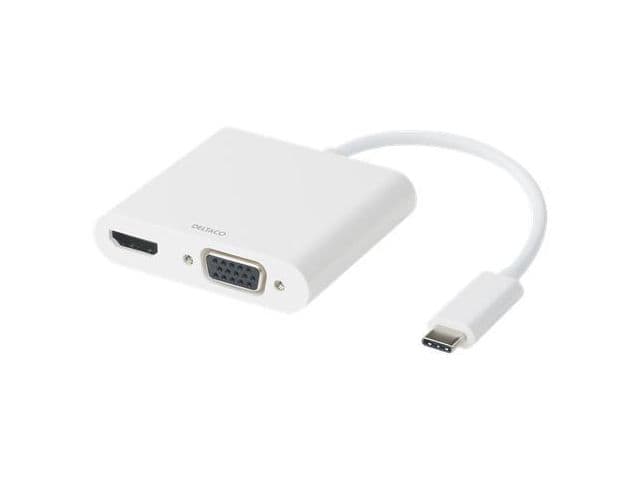 DELTACO - USB-C docking station, HDMI/VGA/USB-C, 100W USB-C PD 3.0, white