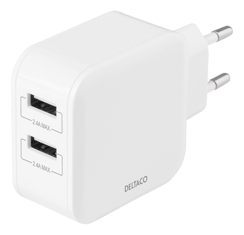 DELTACO - USB wall charger, 2x USB-A 2,4 A, total 24 W, white
