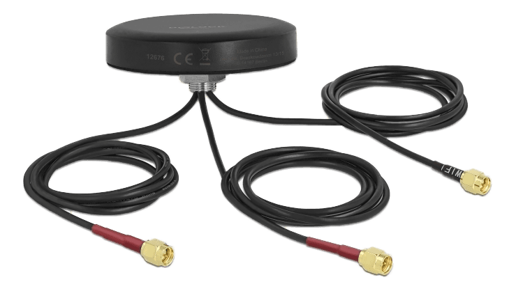 DELOCK - LTE MIMO Dual Band WLAN 802.11 ac/ax/a/h/b/g/n Antenna 3 x SMA plug RG-174 1 m screw mounting outdoor black