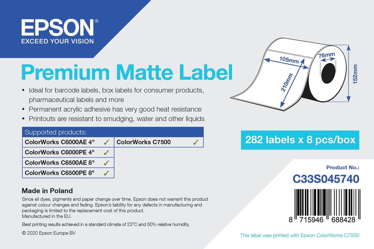 EPSON - PREMIUM MATTE LABEL DIE-CUTROLL 105MMX210MM 282 LABELS SUPL