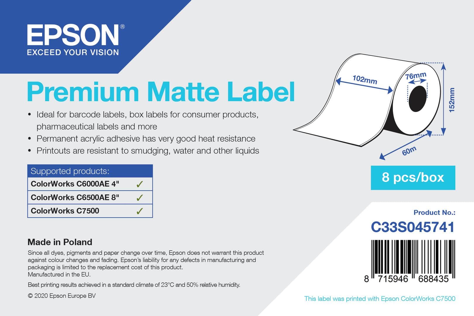 EPSON - PREMIUM MATTE LABEL CONTINUOUS ROLL 102MMX60M SUPL