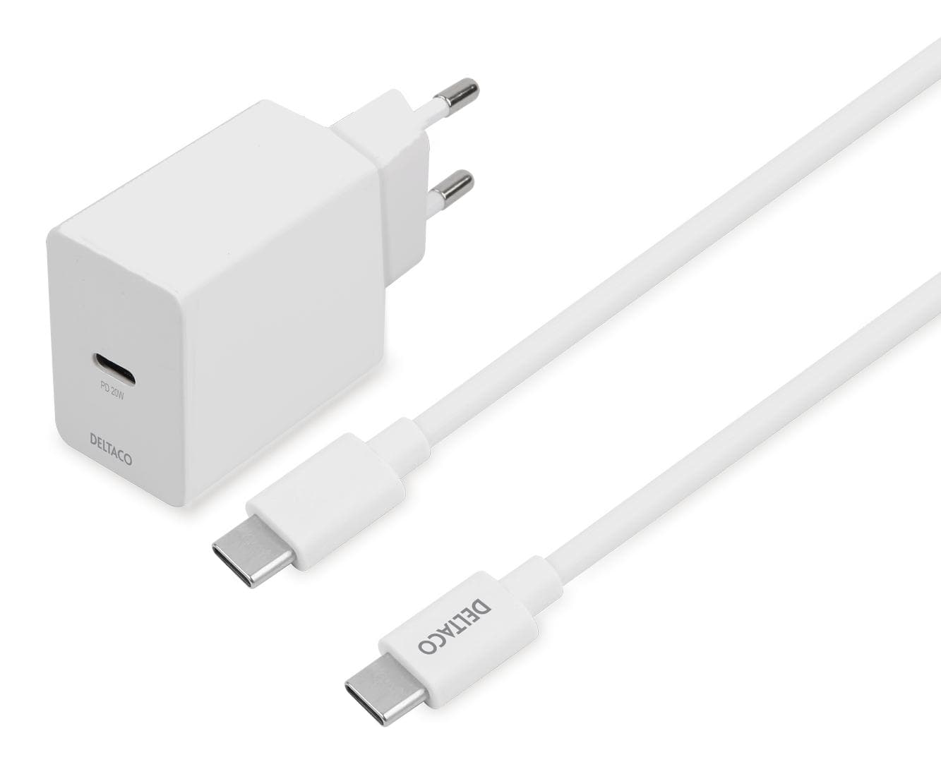 DELTACO - USB-C wall charger, 1x USB-C PD 20 W, 1 m USB-C cable, white