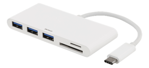 DELTACO - USB 3.1 Gen 1 hub, USB-C, 3USB A, SD/microSD reader, white