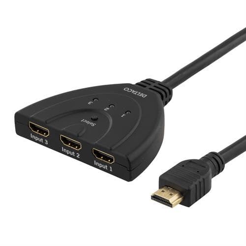 DELTACO - HDMI Pigtail Switch, automatiskt/manuell HDMI-switch, tre  till en, sv
