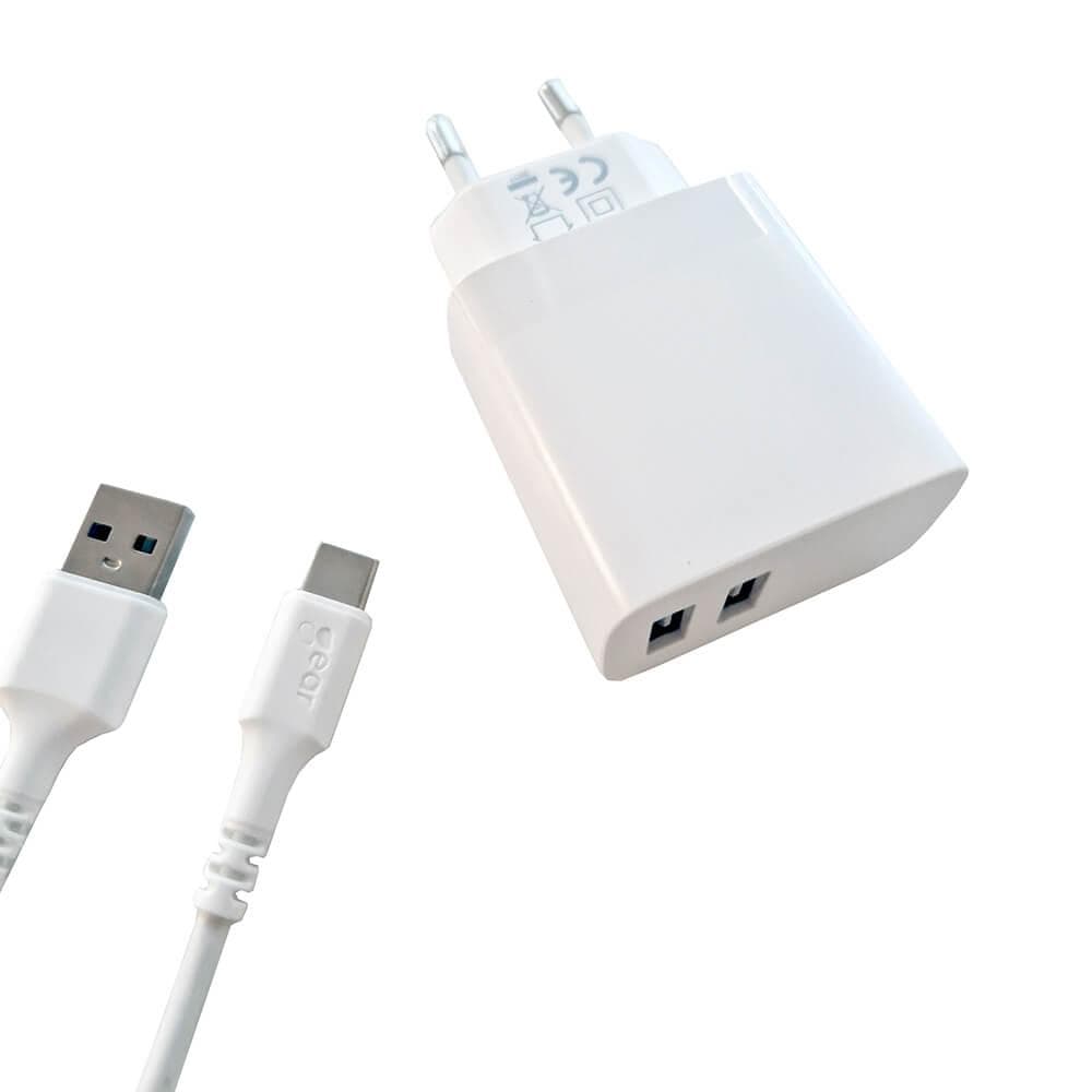 GEAR - Charger 220V 2xUSB-A 3.4A White USB-C 2.0 Cable 1m