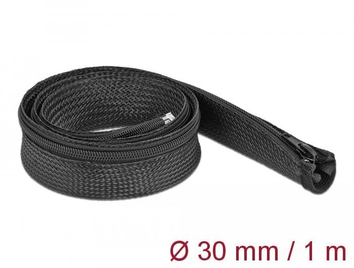DELOCK - Braided Sleeve with zip fastener heat-resistant 1 m x 30 mm bla