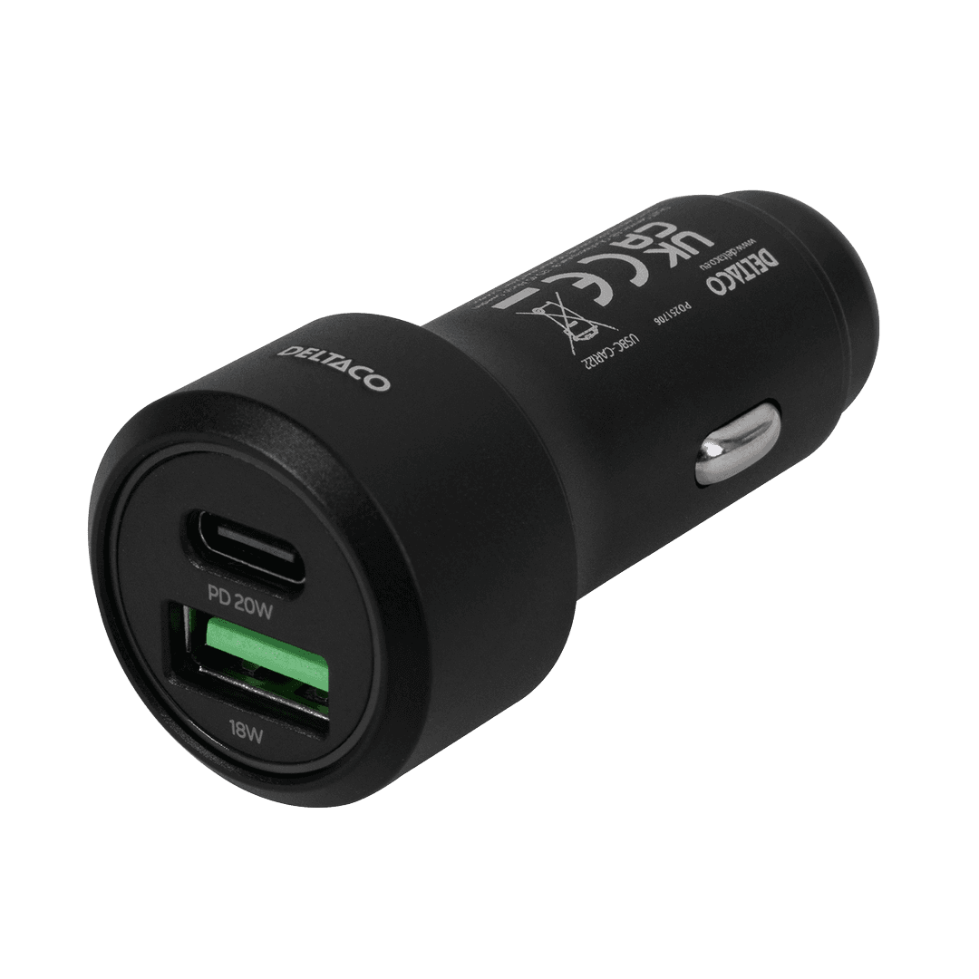 DELTACO - USB car charger, 1x USB-C, PD 18 W, 1x USB-A, 18 W, 36W, metal