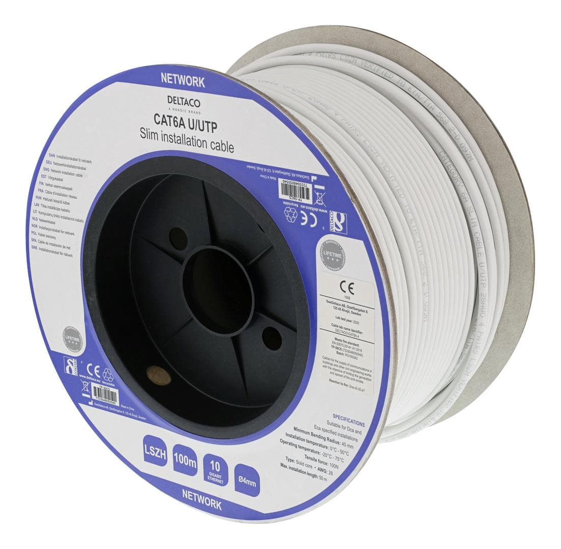 DELTACO - U/UTP Cat6a installationskabel, slim 28AWG, 100m, LSZH, vit
